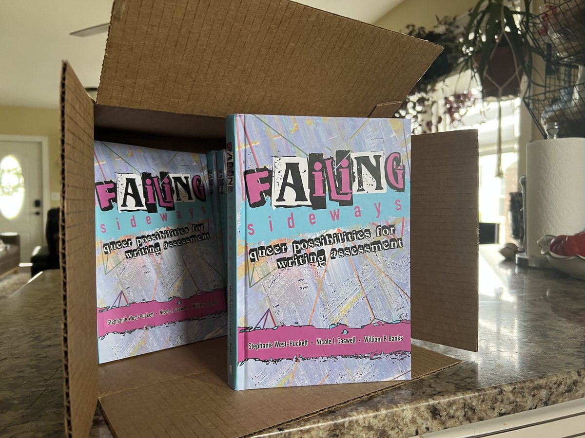 fieldpeaz's tweet photo. It's fun to get a box of books. It's even more fun when that box is filled with copies of your first scholarly book. Coauthored w/ @rhetboi and Nikki Caswell. Generous support from @URIWrtRhet @URI_AS and @HarringtonURI #writingstudies #queerstudies #assessment #failingsideways https://t.co/x779GpBE19