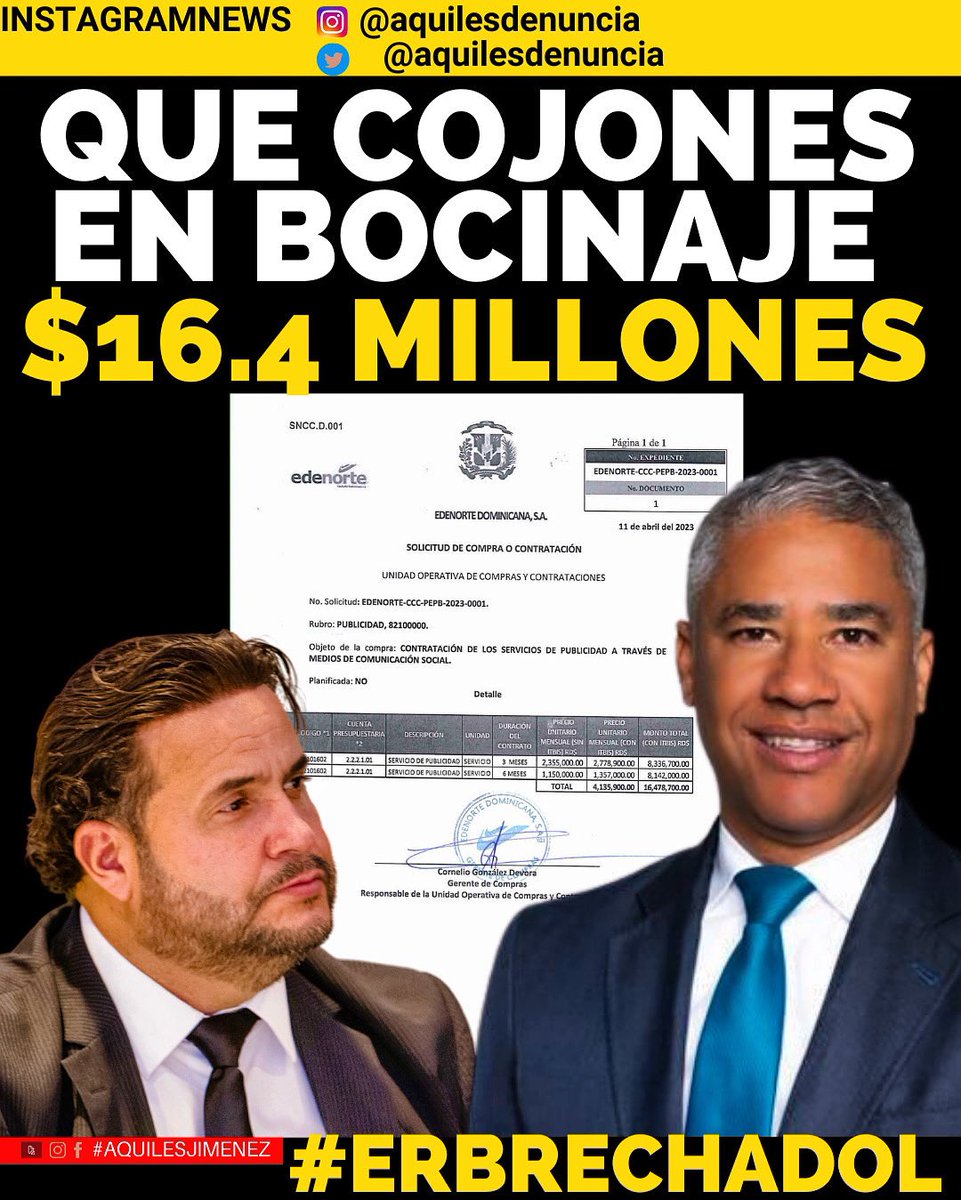 Aquiles Jimenez Fernandez (@aquilesdenuncia) on Twitter photo A la verdad que este <a href="/andrescueto01/">Andrés Cueto</a> <a href="/EdenorteRD/">Edenorte Dominicana</a> será otros de los bandid@s de <a href="/luisabinader/">Luis Abinader</a> que va a caer preso .
Miren cómo gasta $16.4 Millones de pesos en bocinas .
Ps: En breve los detalles de lo beneficiarios de este BOCINAJE A la verdad que este <a href="/andrescueto01/">Andrés Cueto</a> <a href="/EdenorteRD/">Edenorte Dominicana</a> será otros de los bandid@s de <a href="/luisabinader/">Luis Abinader</a> que va a caer preso .
Miren cómo gasta $16.4 Millones de pesos en bocinas .
Ps: En breve los detalles de lo beneficiarios de este BOCINAJE