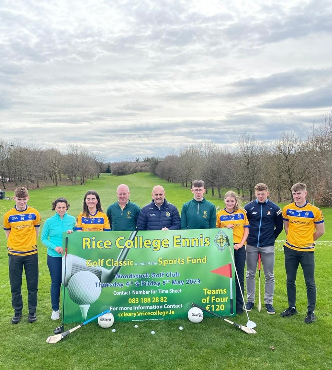 WoodstockEnnis's tweet photo. Rice College golf classic this coming Thursday and Friday 4th &amp; 5th of May. See the poster for details. All support is greatly appreciated. @ClareEcho @DaloAnto . If emailing Conor, tell him how well he kept Gillane in his pocket this evening, hon the banner.  @RiceCollegeNews https://t.co/C1gB2h0vit