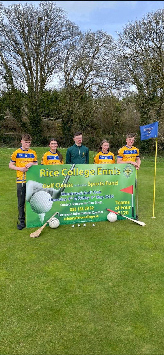 WoodstockEnnis's tweet photo. Rice College golf classic this coming Thursday and Friday 4th &amp; 5th of May. See the poster for details. All support is greatly appreciated. @ClareEcho @DaloAnto . If emailing Conor, tell him how well he kept Gillane in his pocket this evening, hon the banner.  @RiceCollegeNews https://t.co/C1gB2h0vit