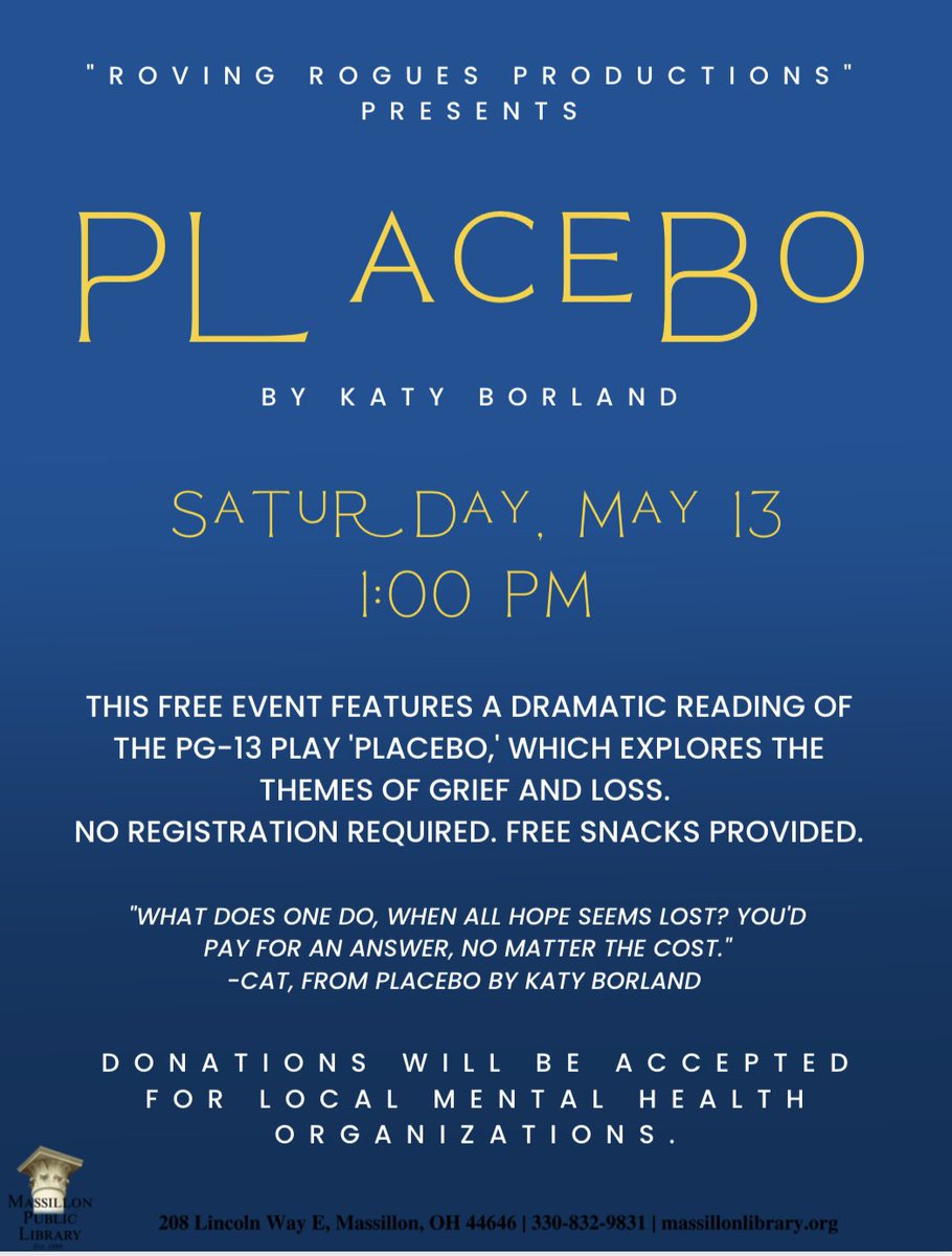 How far will Cat go to escape from her grief?
Join Roving Rogue Pro and the <a href="/mlibrary/">Massillon Public Library</a> for a scripted reading of a local play on May 13th.
facebook.com/events/s/drama…