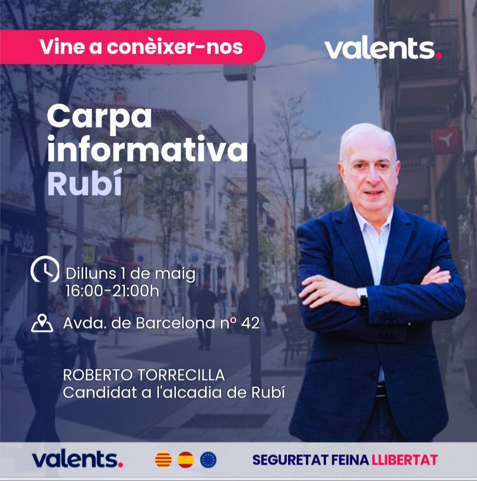 roblittletower's tweet photo. Demà diumenge 30 de 16 a 21 @valents_rubi hi serà al centre de Rubí #rubicity Vine a conèixer-nos i a conèixer-me, sóc en Roberto Torrecilla @roblittletower, candidat a la alcaldia i digues-nos que podem fer per millorar Rubí @valents_cat https://t.co/AsRqffBORc