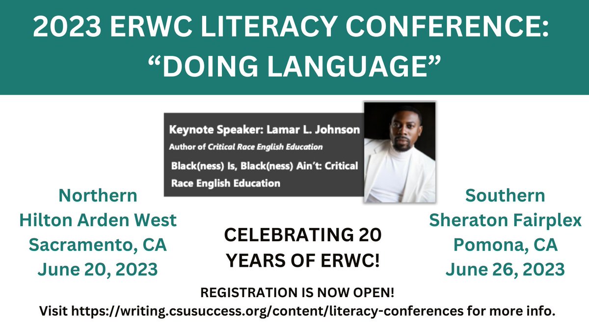 Registration closes on May 8th  for our 2023 ERWC Literacy Conference - 'Doing Language: Rhetoric, Identity, and Power.' #caedchat #engchat #teacher     

For more information, visit writing.csusuccess.org/content/litera………