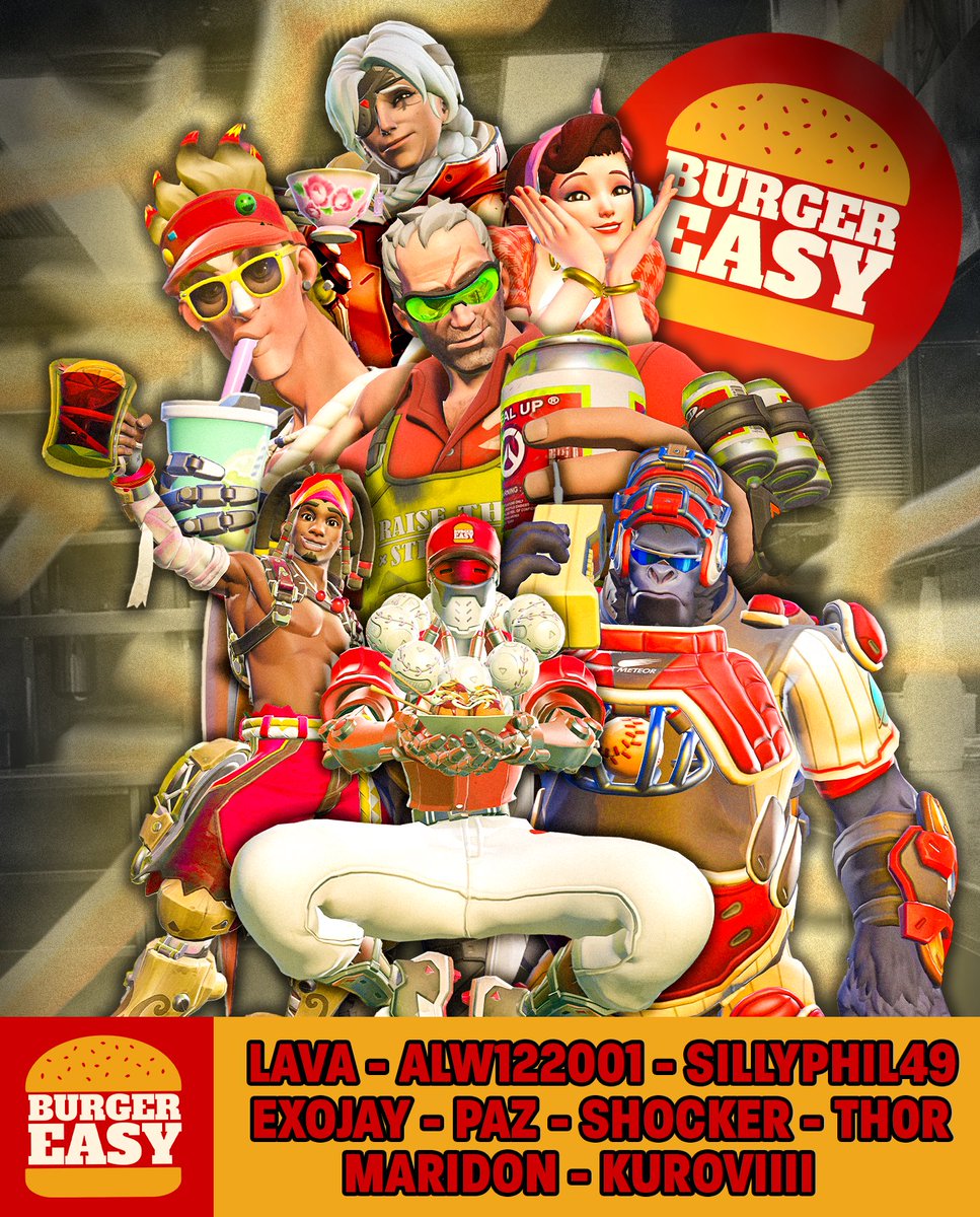 BurgerEasy_OW's tweet photo. It's time to take a break from flippin' burgers π―
Our roster has the BEST buns in OD! π
π @Lava_OW
πΉ @Alw122001
π€‘ @Gabowski_OW
π€ @Exojay_
π½ @Paz__ow
π€ @Shocker_OW
π¨ @Th0rOW
πΏ @kuroviiii
π @MaridonGaming
#SupportIsBurgerEasy | #swagdiff https://t.co/y2EIhVTdix