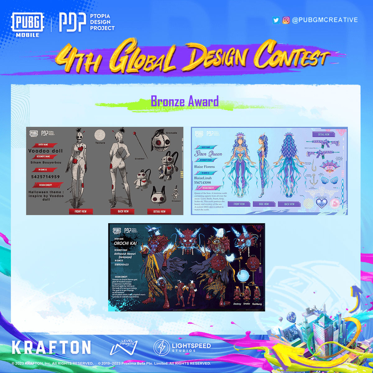 Congratulations to the Bronze, Silver, & Gold recipients for the 4th Global Design Contest! 

Are you a Creative? Make sure to join our Lobby Background Design Contest & Stygian Liege X-suit Fan Art Contest. 

#PUBGMOBILE #PUBGMPDP #PUBGMCREATIVE #PUBGMFANART #PDPDESIGNAWARDS