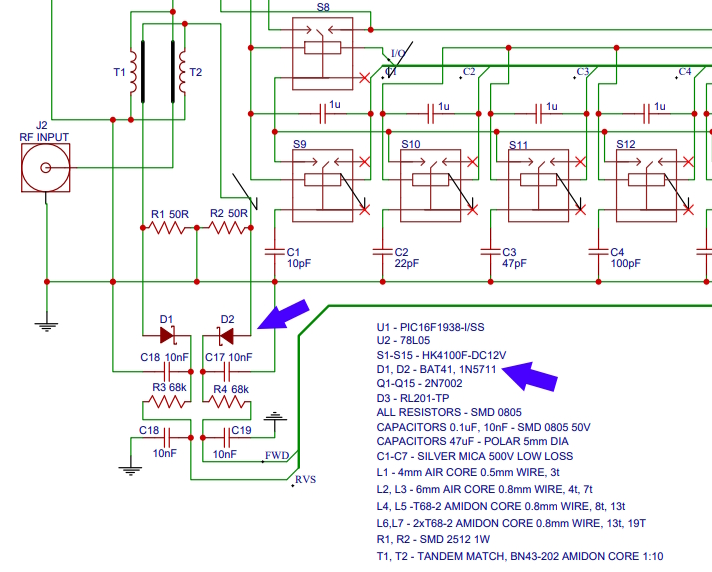 merseyradar's tweet photo. Hmmm 🤔, Irregularity found on the #ATU100 #N7DCC not a matched pair of 1N5711 as in schematic.
Different diodes on fwd and rev paths of SWR bridge could lead to incorrect/false matching.
@TheSmokinApe had same issue.
I recall work done by Rafael #PU1OWL https://t.co/6tyr54FHLh https://t.co/ItYKfJbMZI