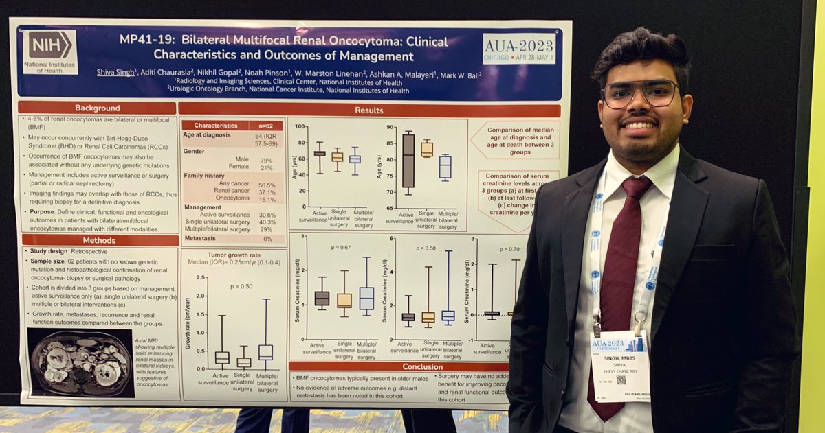 ShivaSinghMD's tweet photo. Honored to present our team’s work on Mx strategy in patients with bilateral/multifocal renal oncocytomas #AUA2023 

✅ Slow growing tumors with no mets ✅ Similar clinical outcomes seen with AS &amp; surgery 

Excellent collab btw #uro &amp; #radiology
Mentors: @markballmd @aamalayeri https://t.co/C1q66Za0Lt