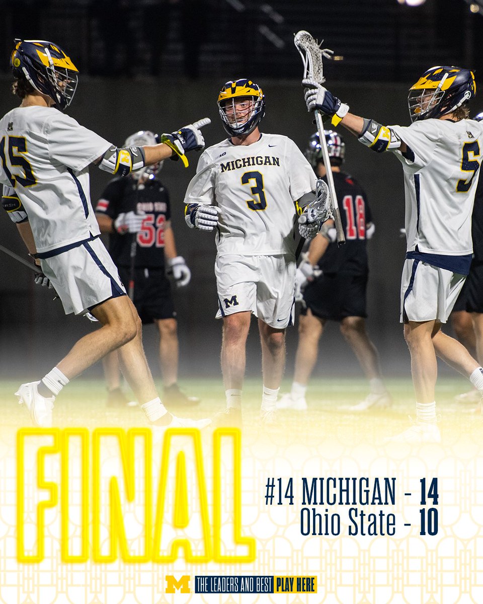 UMichLacrosse's tweet photo. 𝘔𝘖𝘝𝘐𝘕𝘎 𝘖𝘕

FINAL: No. 14 Michigan 14, Ohio State 10

With today's win over OSU, we advance to the Big Ten Semifinals vs. No. 1 Penn State on Thursday (May 4) at 1 p.m. 

Homewood Field in Baltimore will be the site.

#GoBlue〽️ https://t.co/vggxaxYUib