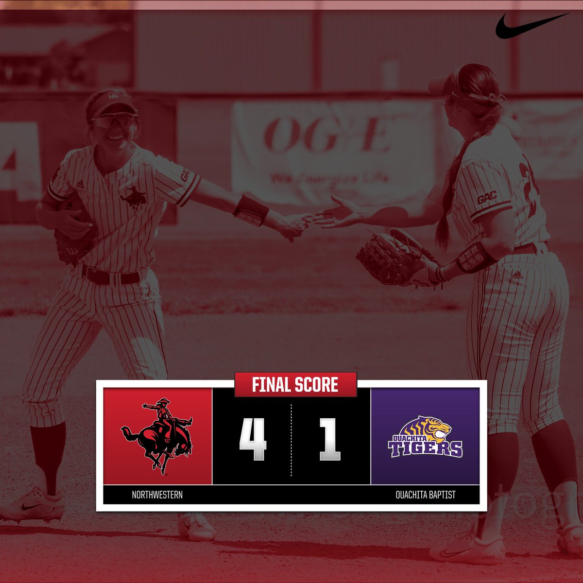 NWOSUAthletics's tweet photo. Rangers win! Howell throws a complete game in the win striking out eight! McElroy with a 2-run home run in game one! 
#RRR https://t.co/N4mQ0UYaHb