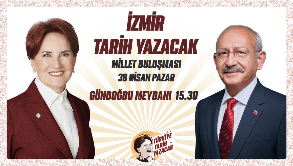 Millet İttifakı olarak;

📍30 Nisan Pazar günü (yarın) 
🕞15:30'da İzmir'de Millet Buluşmamızdayız…

Hiç kimsenin endişesi olmasın;
14 Mayıs'ta #TürkiyeTarihYazacak!