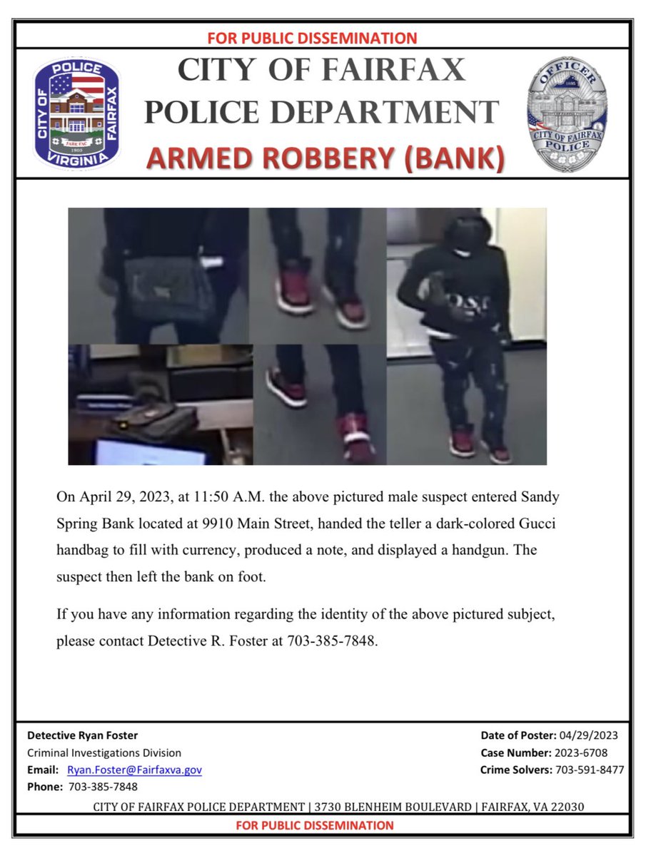 This morning at 11:50 A.M. the below pictured suspect was involved in an armed bank robbery at Sandy Spring Bank located at 9910 Main Street.

If you have any information regarding the identity of the suspect pictured below, please contact Detective Foster.

<a href="/CityofFairfaxVA/">City of Fairfax, VA</a>