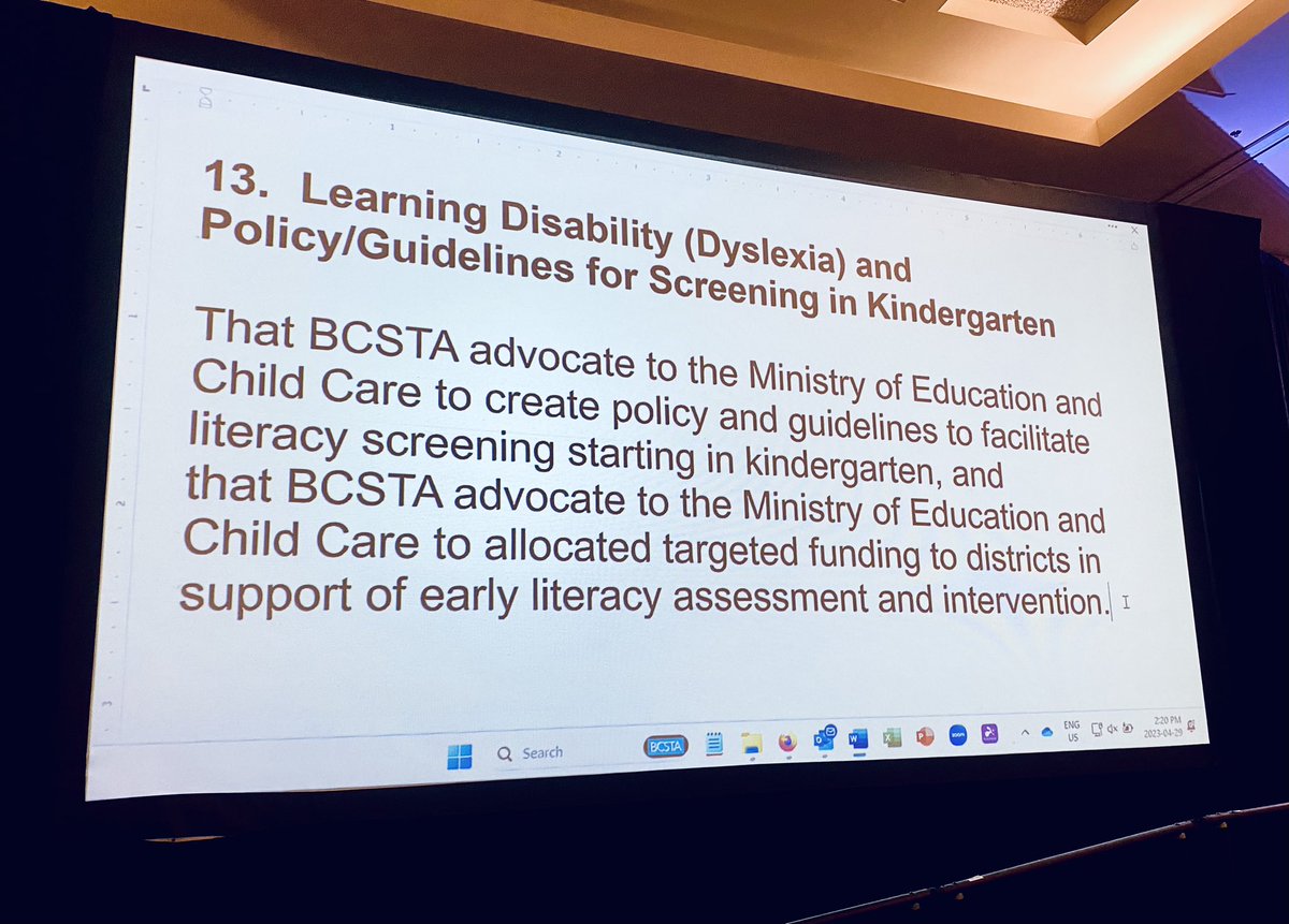 A motion from <a href="/NVSD44/">School District 44</a> on learning disability guidelines for literacy screening starting in kindergarten has carried. #bced #bcsta2023