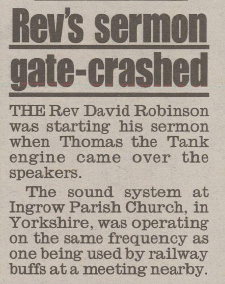 That time when Thomas music interrupted a reverend's sermon.

Daily Mirror, 21 May 1994