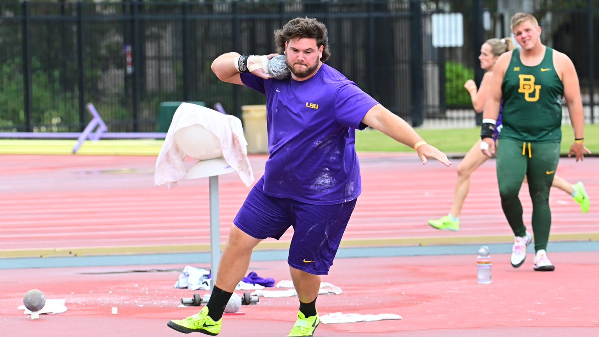 LSUTrackField's tweet photo. John Meyer continues to improve on his season, taking 🥇 in the men's shot put with a distance of 20.42m!

His SB throw keeps him at third in the nation. 🔥

#GeauxTigers | 📊 https://t.co/Grg5s2F79F… https://t.co/RvBcYbmqOR