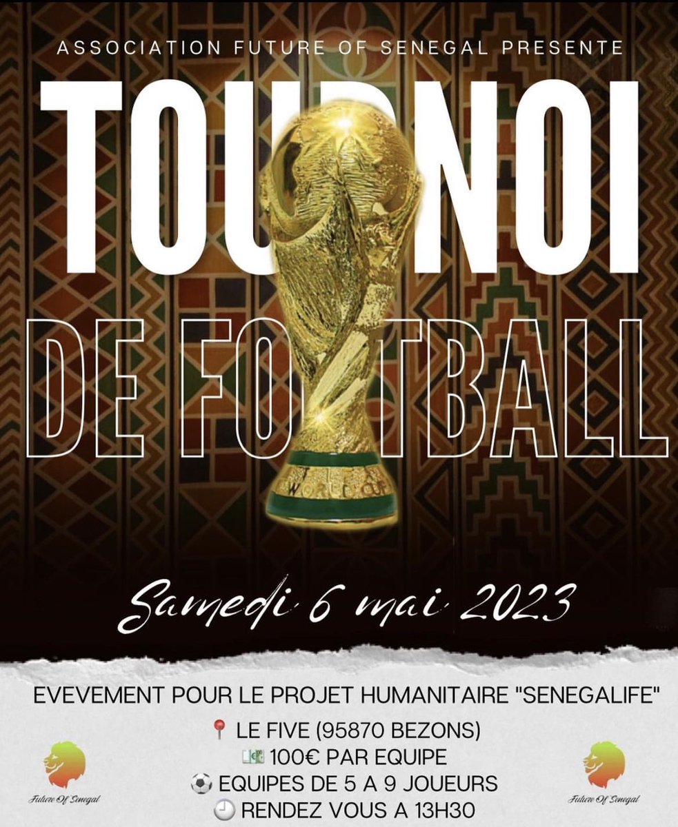 futureofsenegal's tweet photo. 𝗡𝗢𝗧𝗥𝗘 𝗚𝗥𝗔𝗡𝗗 𝗧𝗢𝗨𝗥𝗡𝗢𝗜 𝗗𝗘 𝗙𝗢𝗢𝗧 𝗖𝗔𝗥𝗜𝗧𝗔𝗧𝗜𝗙 𝗔 𝗣𝗔𝗥𝗜𝗦 𝗘𝗦𝗧 𝗗𝗘 𝗥𝗘𝗧𝗢𝗨𝗥 𝗟𝗘 𝟲 𝗠𝗔𝗜! 🏆🔜🇸🇳

L’Asso Future Of Senegal est très heureuse de vous annoncer l’organisation de son tournoi de foot caritatif 2023 au « LE FIVE » de Bezons (95870)🤩 https://t.co/32SwvPrtiz