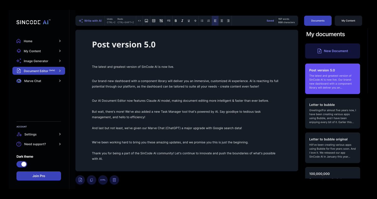 SinCodeAI's tweet image. Our Document Editor is now available in dark mode - great for late night editing ;)
Go check it out: sincode.ai
