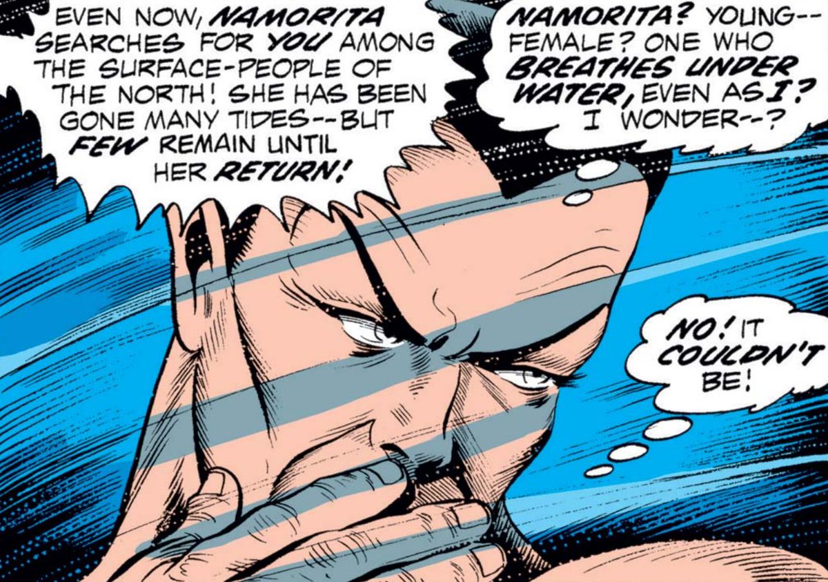 MarvelADay's tweet photo. #MarvelADay #SM50 The talking crab also mentions Namora's daughter, Namorita, and that has our hero wondering about the woman who called him a dirty old man. Not only could it be, Subby: story requires it. - crs https://t.co/YJqYM0KrDK