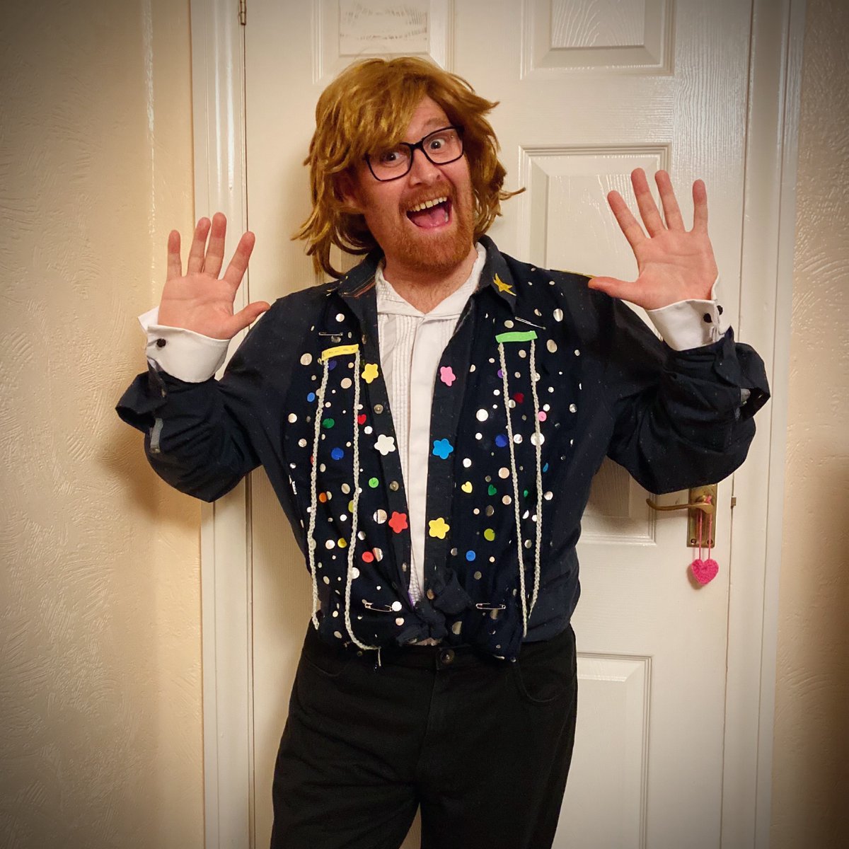 Tomorrow_Bird's tweet photo. Here’s Simon modelling his über stylish costume for tomorrow’s Eurovision gig at the Reading Cheese Festival! 😁🧀 
Come join us in Forbury Gardens for an hour of Eurovision hits… We take to the stage at 6pm! Hope to see you there 👌🏼

@EuroVisionRDG @Cheese_Feast https://t.co/nhLJK4rUdm