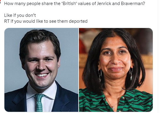 Britain_People's tweet photo. 🔴SUELLA BRAVERMAN and ROBERT JENRICK

👉RETWEET if you don't share their British "values".

#Refugees https://t.co/BPoJ4I1b23