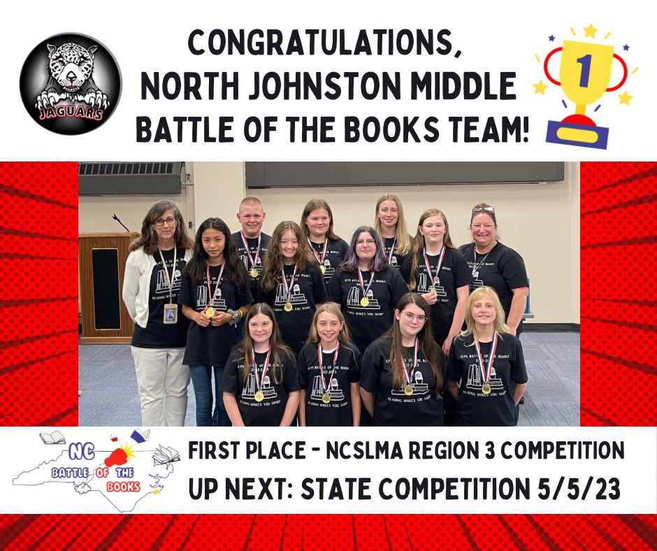 It’s the second Saturday in a row that I’ve been fortunate enough to celebrate a Regional Championship with a <a href="/JCPS_NC/">Johnston County Public Schools</a> Battle of the Books team! 🎉🎉🎉 So proud of these students and their coaches! 👏❤️📚 #ReadersAreLeaders #NCSLMA