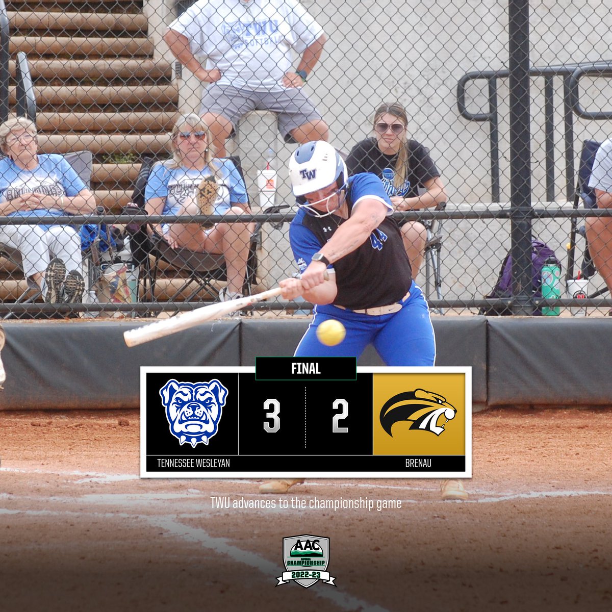 AACsports's tweet photo. On to the championship game!

@twbulldogs punched its ticket to the #AACSB Tournament championship game with a one-run win over @BUGoldenTigers 

#NAIASoftball https://t.co/7HSHbEVU60