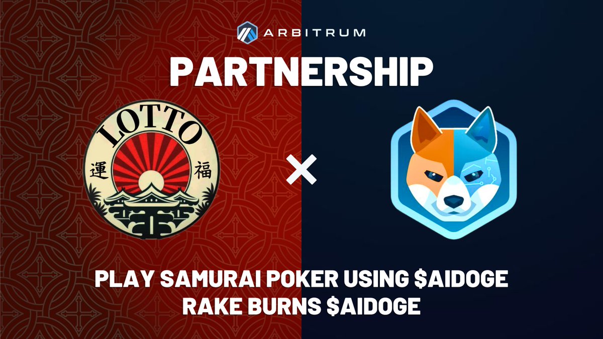 ♦️♠️ PARTNERSHIP ! ♥️♣️

We’re excited to announce a Partnership with <a href="/ArbDogeAI/">.</a>!🤝

Players will be able to wager their $AIDOGE Tokens! 🏆

🔥40% of the Rake will BURN $AIDOGE 60% will be allocated to the LOTTO Game Fund

Play Now! 👇
dapp.lottoarbitrum.com/games/samuraip…

#Arb #ETH #Arbitrum