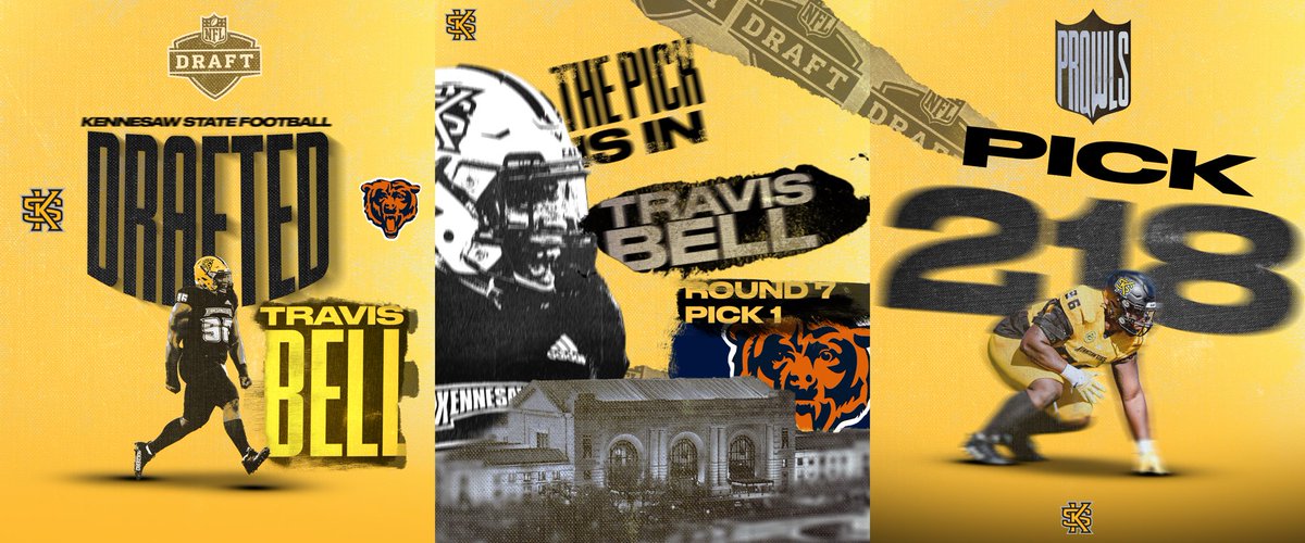 Kennesaw State Football (@kennesawstfb) on Twitter photo THE 𝐅𝐈𝐑𝐒𝐓 <a href="/NFLDraft/">NFL Draft</a> PICK IN KENNESAW STATE HISTORY ‼️
<a href="/ChicagoBears/">Chicago Bears</a> take our guy <a href="/travisb_98/">Travis Bell</a> at 218th overall 👏👏
#GoldStandard | #EAT THE 𝐅𝐈𝐑𝐒𝐓 <a href="/NFLDraft/">NFL Draft</a> PICK IN KENNESAW STATE HISTORY ‼️
<a href="/ChicagoBears/">Chicago Bears</a> take our guy <a href="/travisb_98/">Travis Bell</a> at 218th overall 👏👏
#GoldStandard | #EAT