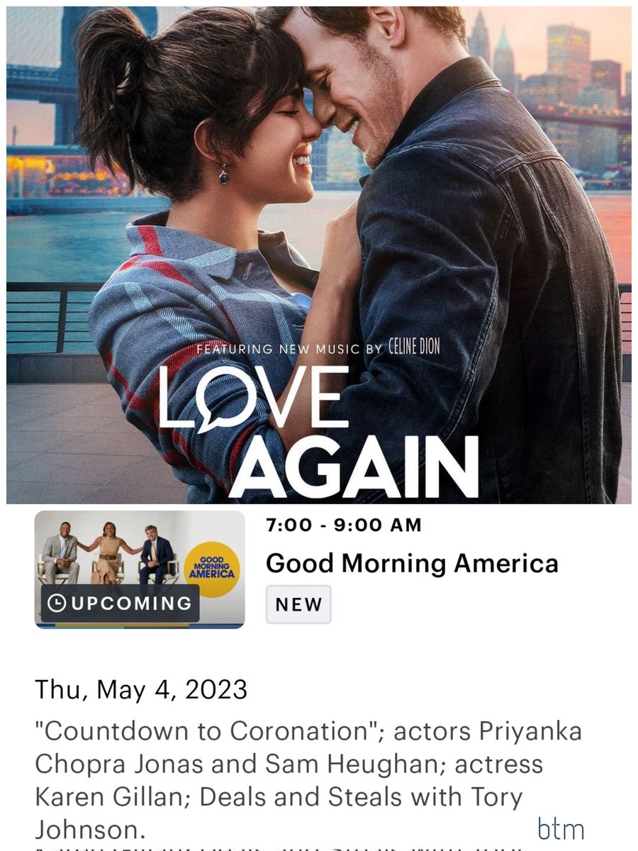 Set your DVR to record @GMA to see @samheughan and @priyankachopra talk about new movie @loveagainmovie May 4th on my TV schedule Check your local listings. #SamHeughan #PriyankaChopraJonas #LoveAgainMovie