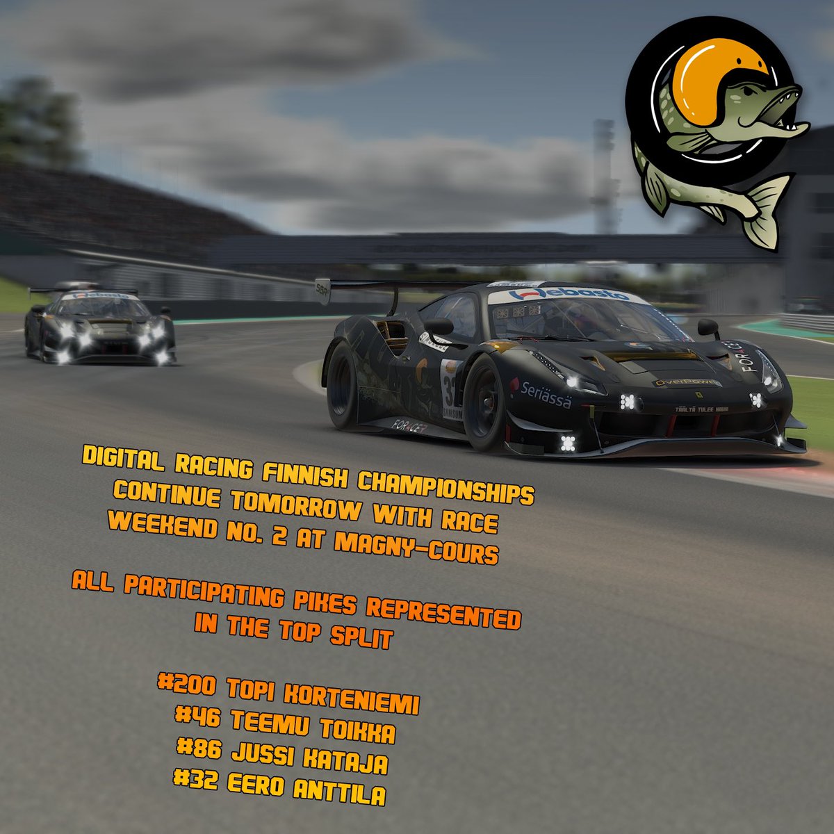 Digital racing national championships round two just around the corner 😎🏁

Catch the action tomorrow 18:55(GMT+3) on twitch.tv/simracingfi <a href="/simracingfi/">FiSRA</a> 

#makepikegreatagain #simracing #simracingfi #magnycours #iracing #esportsfi #esports