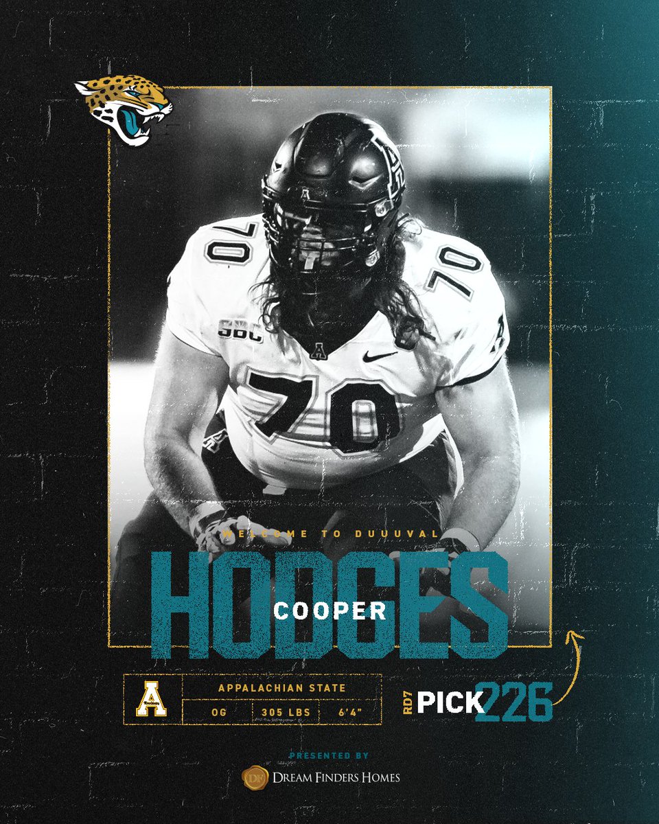 With the 226th pick in the 2023 #NFLDraft, we select Appalachian State OG Cooper Hodges! @Dream_Finders | #DUUUVAL