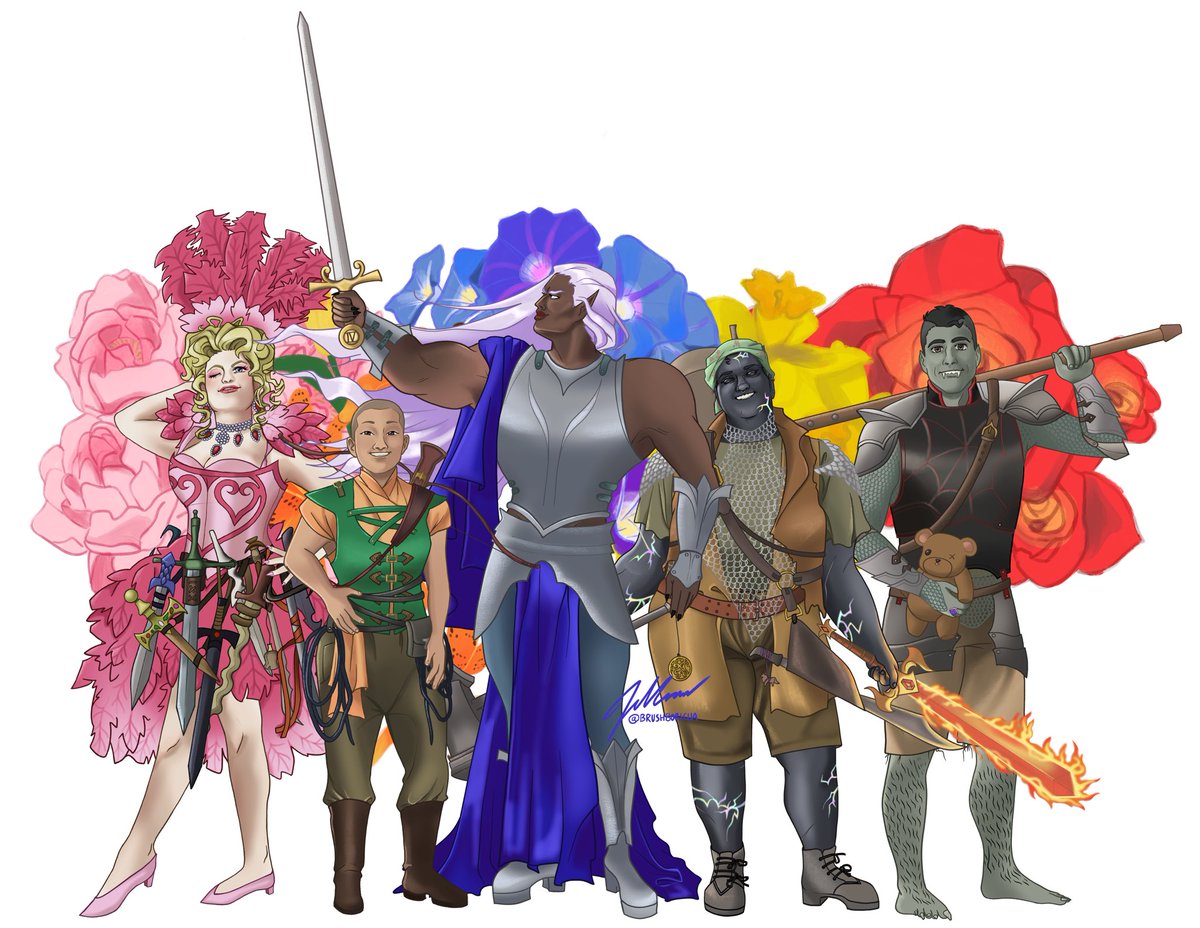 Magiakita's tweet photo. Campaign one art from @RollGayRolePlay 💕 A phenomenal queer dnd comedy podcast. I’m grateful to this podcast for keeping me company when in car rides, while drawing, and while feeling down. It’s super great so if you like podcasts &amp; have taste go listen! https://t.co/1RZOXZr8br