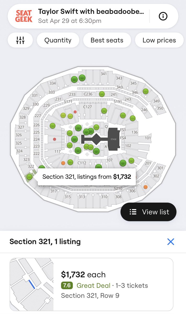 swiftslovees's tweet photo. $1732 for nosebleeds?! this is ridiculous…the show starts in 2 hours and all these seats are going to waste like SO MANY FANS COULD BE IN THE STADIUM RN

@Ticketmaster thanks for prioritizing bots and scalpers and leaving fans with no chance of seeing their favorite artist :))) https://t.co/stiWhFG6mm