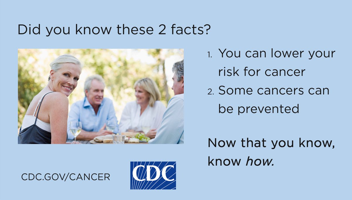 CDC_Cancer's tweet photo. One of every five deaths in the U.S. is due to cancer. There are things we can all do to prevent cancer, lower our risk, or find it early – when treatment is likely to work best. Learn how: https://t.co/ZiJrpicp43 https://t.co/uFYpkoj2lE