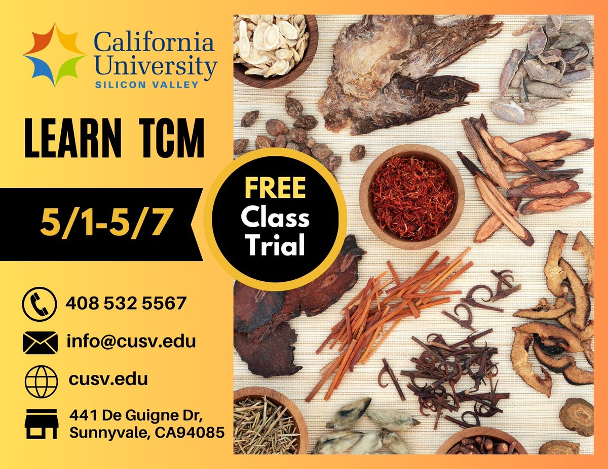 CUSVedu's tweet photo. Free TCM Course Trial from 5/1-5/7
CUSV summer courses will start on 5/1 Monday. 
All 1st week courses are open to Free Trial. 
Great opportunity to learn about Traditional Chinese Medicine.

Please contact CUSV office for course details.

408.532.5567
info@cusv.edu https://t.co/apSTZM07LJ