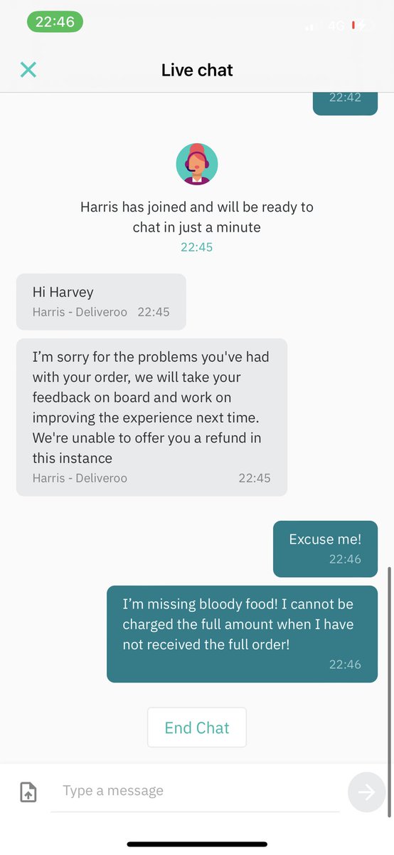 Why <a href="/Deliveroo/">Deliveroo</a> <a href="/DeliverooHelp/">Deliveroo Help</a> when I have reported my order being incorrect and missing food have I been told I am not due a refund! I SHOULD NOT HAVE TO PAY FOR A SERVICE AND FOOD THAT I DID NOT RECEIVE!