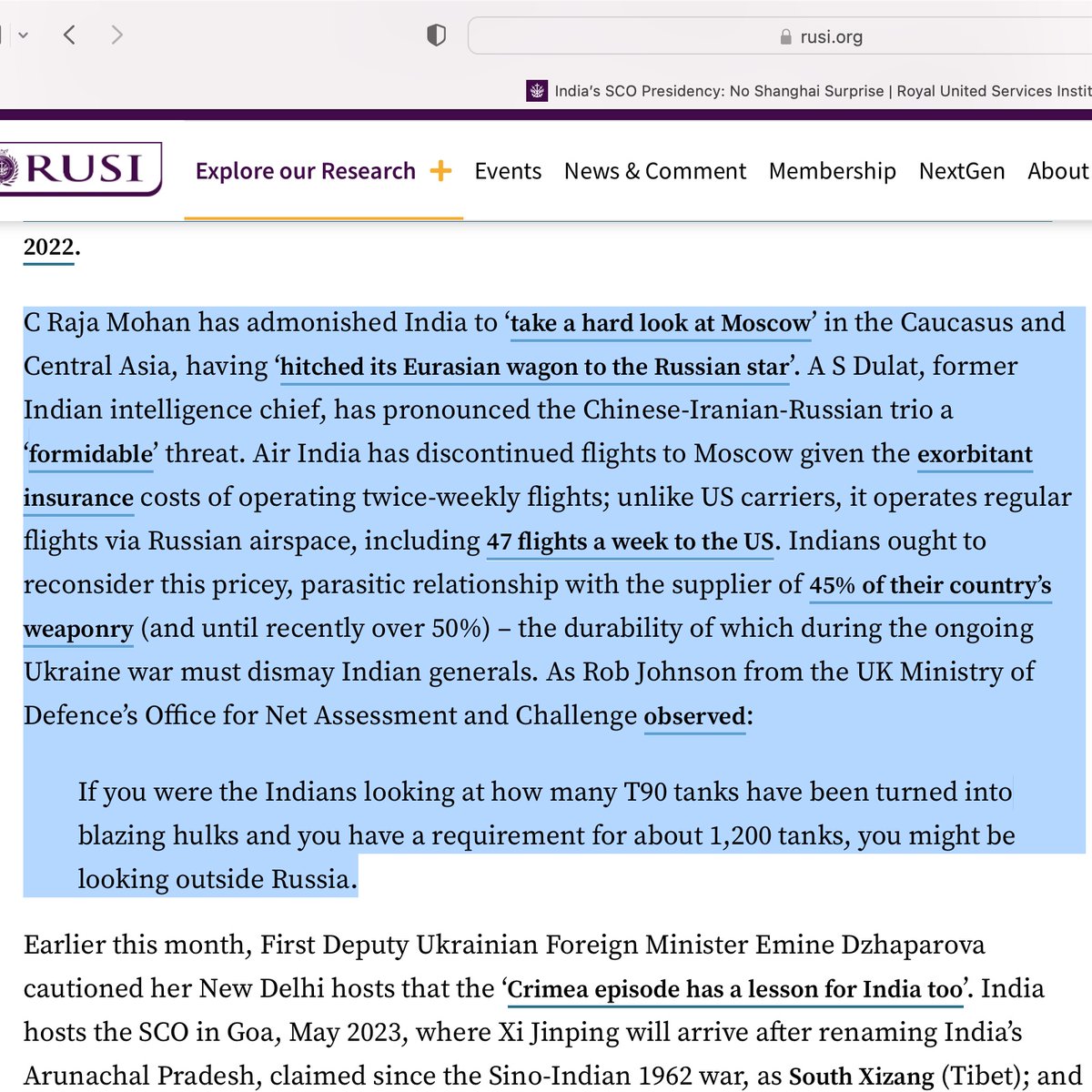 @MohanCRaja @MohanCRaja, #India ought 'take a hard look at #Moscow'. Cited in my #RUSICommentary, '#India and the #SCO: No #Shanghai Surprise', where I expatiate why this pricey, parasitic #Russian relationship's time has passed. bitly.ws/DJN2