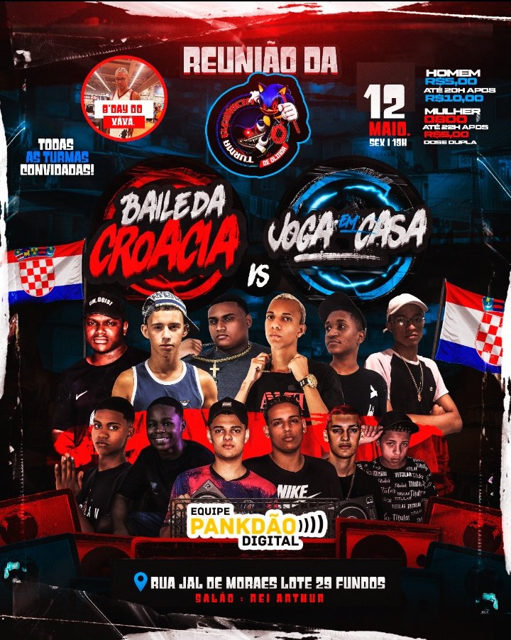 🇭🇷BAILE DA CROÁCIA🇭🇷 VS JOGA EM CASA.

🗓️DATA: DIA 12 DE MAIO, SEXTA FEIRA.

⏱️HORA: 19HRS.

📍LOCAL: RUA JAL DE MORAES LOTE 29 FUNDOS TOMAZINHO. 

✨SALÃO REI ARTHUR✨