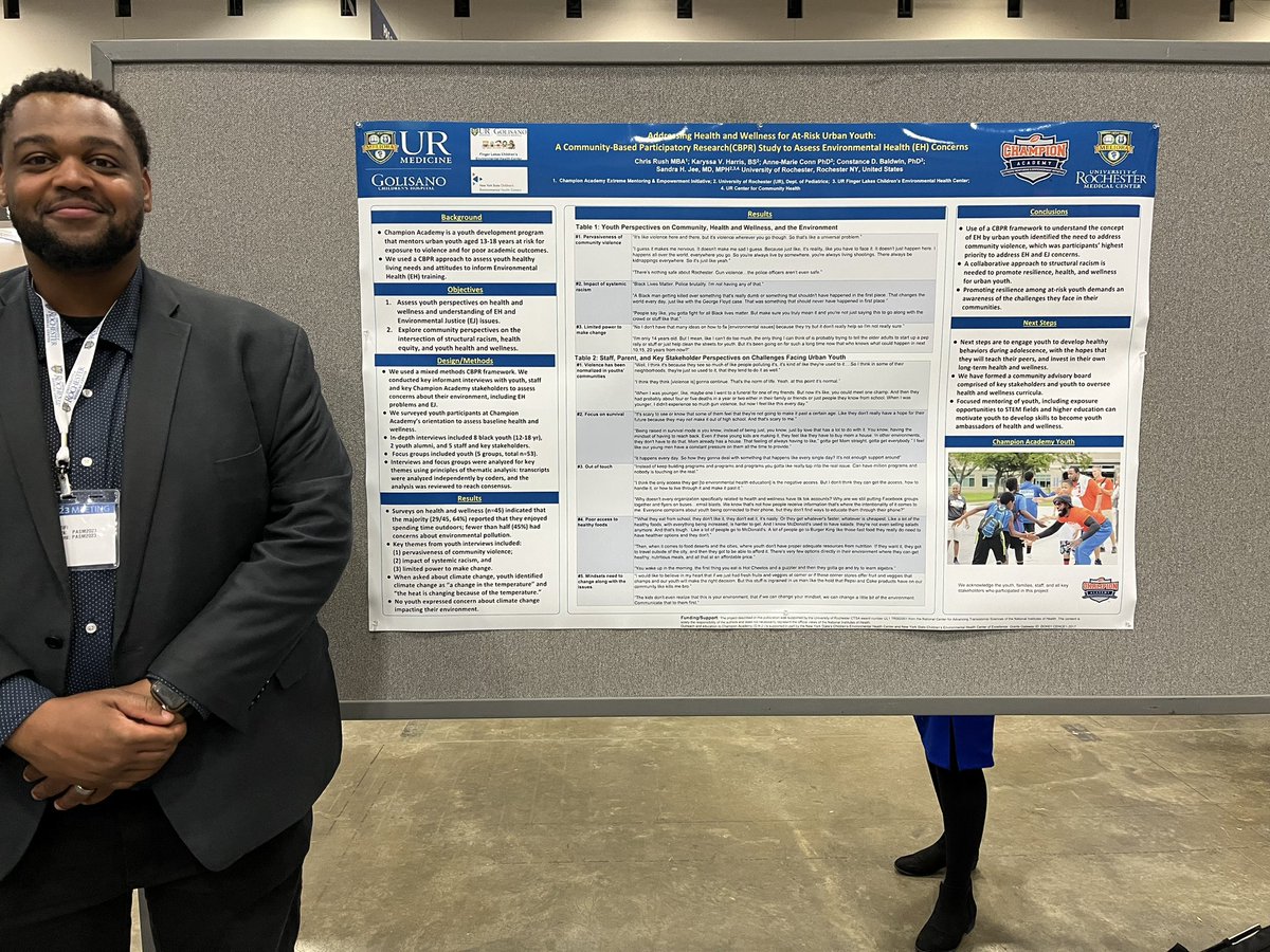 Collaborative research on display here at #PAS2023! Chris Rush, executive director of Champion Academy, worked with environmental heath professor Dr. Sandra Jee to examine environmental health concerns among at-risk urban youth in Rochester.