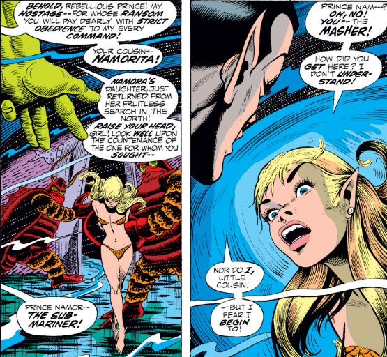 MarvelADay's tweet photo. #MarvelADay #SM50 Now that we see her ears it's obvious they're related. Namorita will have a long & storied history with the New Warriors but not a happy ending. - crs https://t.co/6hMl2mWIJh