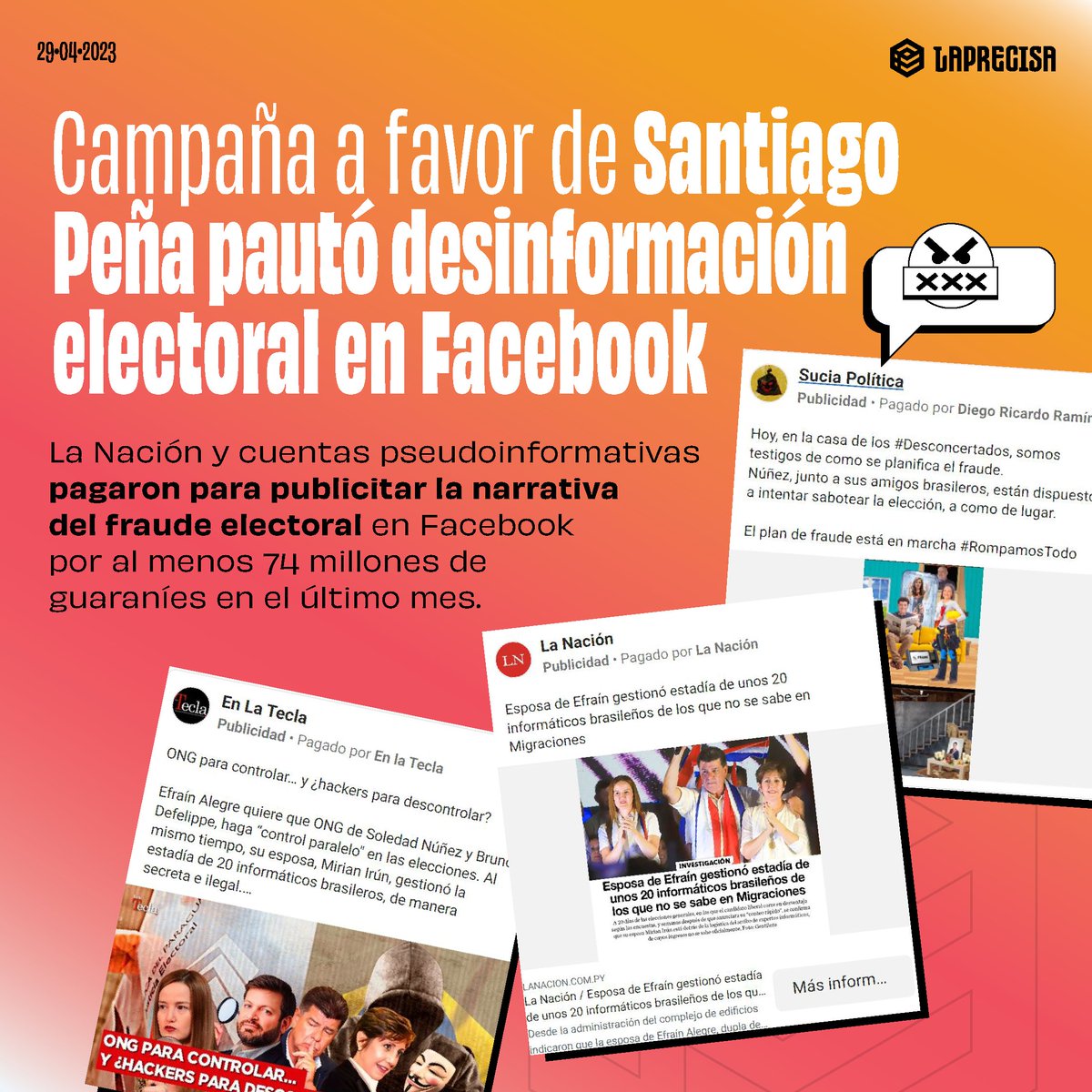eslaprecisa's tweet photo. 74 millones de guaraníes en 30 días 💸
💰Eso gastaron aproximadamente La Nación y cuentas pseudoinformativas en pautas de Facebook para instalar una narrativa de fraude electoral.

🧵En #ElHilazo de hoy te contamos cómo se promueven desinformaciones en las #EleccionesPy2023. https://t.co/esbfWIeBwZ