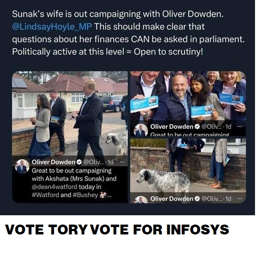 🔴TORY CORRUPTION

Sunak states wife's finances are of "No public interest"

Here's Rishi Sunak's politically active wife out campaigning with Oliver Dowden.

👉RETWEET to demand full disclosure of his wife's finances.