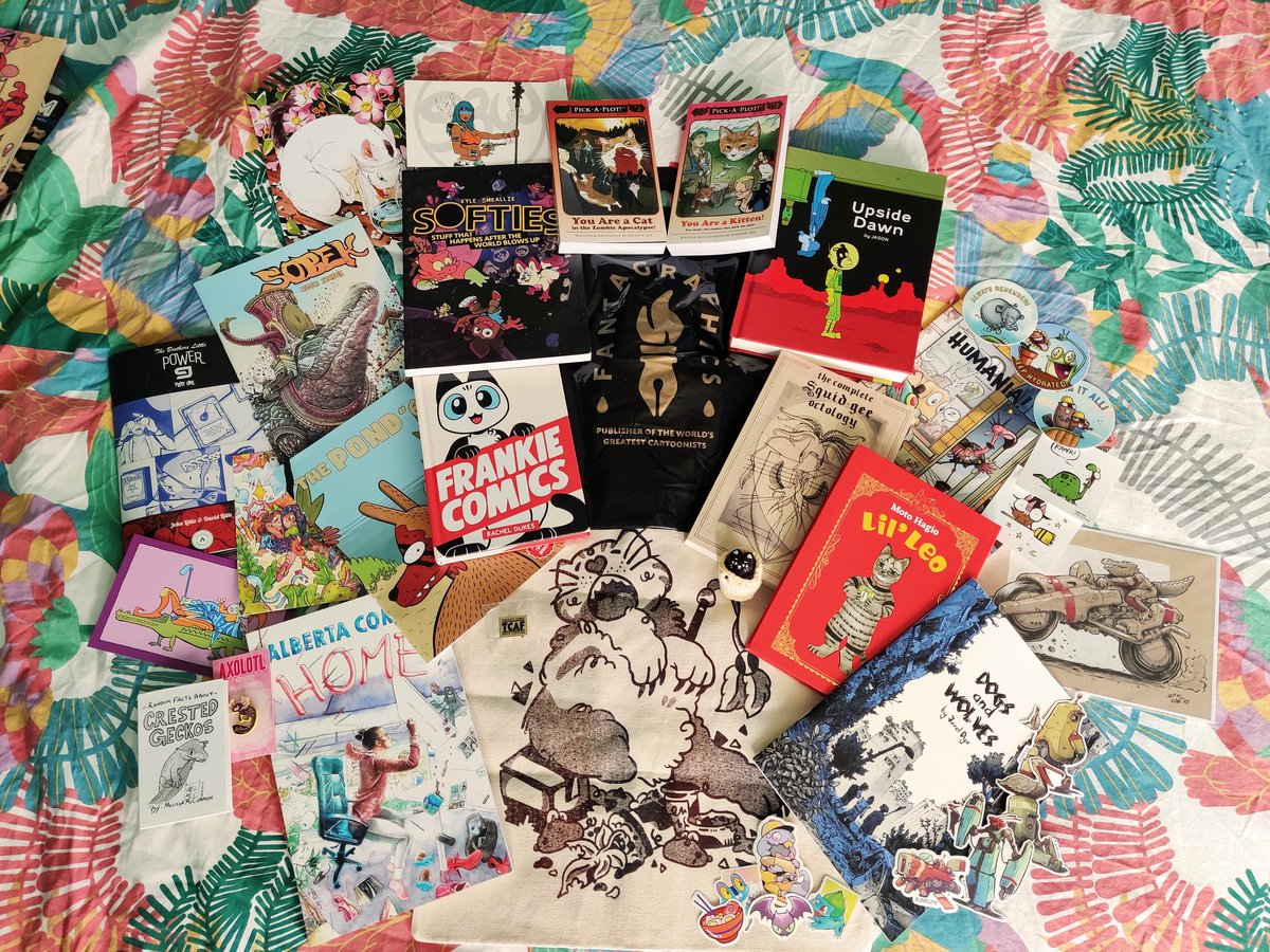 GreyWyvern's tweet photo. Dang! I haven't had a #TCAFHaul this big in years! Great show this year, one of the best for sure! So many great artists! #TCAF #TCAF2023 @TorontoComics https://t.co/eh3Ha7lai0