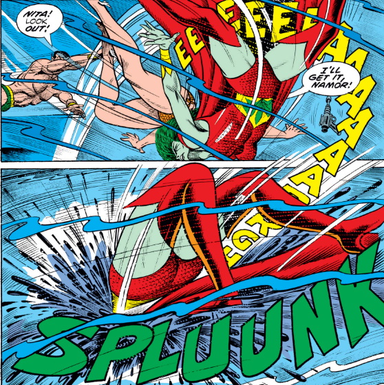MarvelADay's tweet photo. #MarvelADay #SM50 With Cousin Nita's help, the Sub-Mariner defeats Llyra and she appears to drown in the oil pit. SPLUUNK! Never fear, she will inexplicably reappear in a later story. - crs https://t.co/LTcEnxNh58