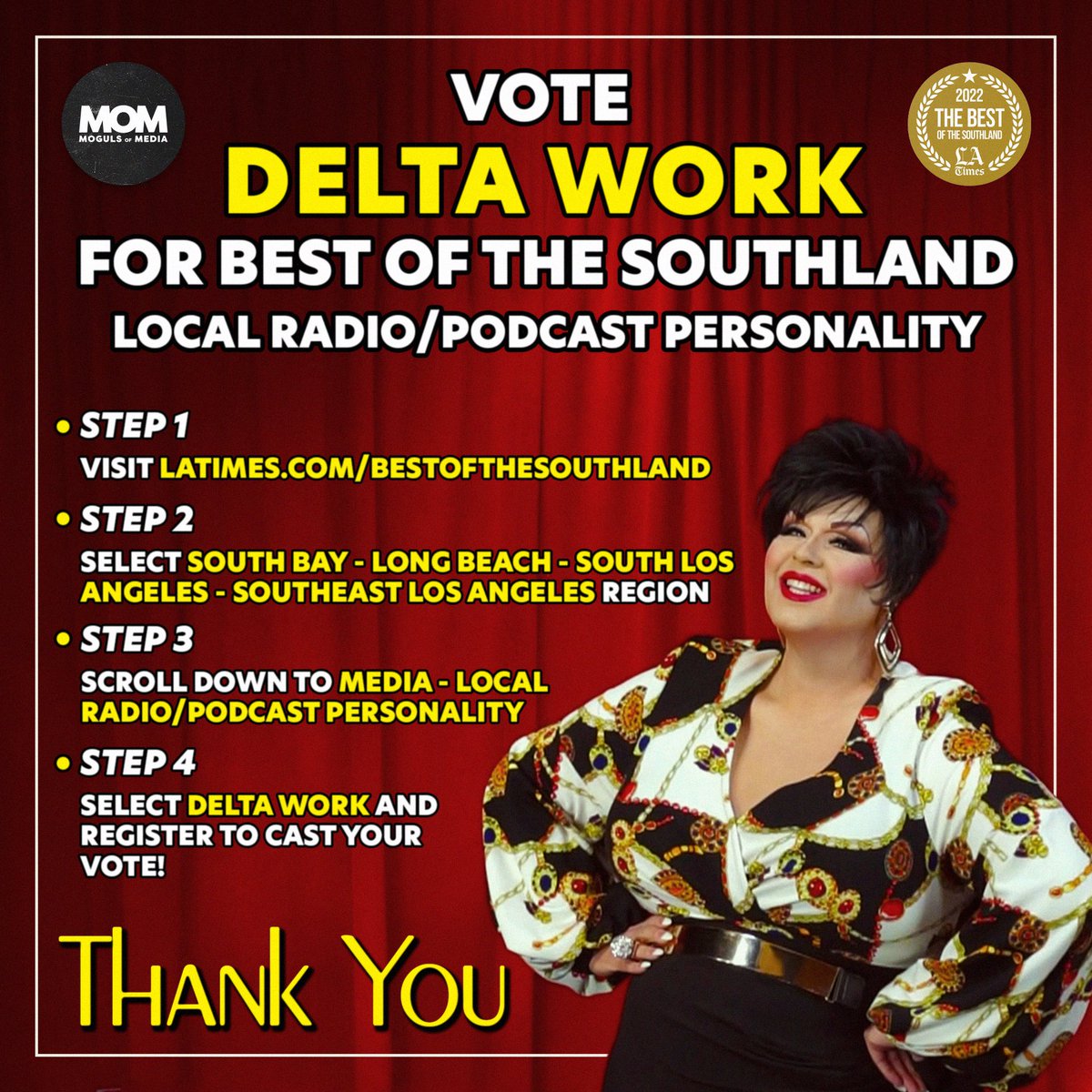 Congratulations to Delta for being nominated for an <a href="/latimes/">Los Angeles Times</a> award 👑 

Delta is nominated for best local radio/ podcast personality and you can vote for her to win by following these steps everyday until 5/21 🔸

Latimes.com/bestofthesouth…