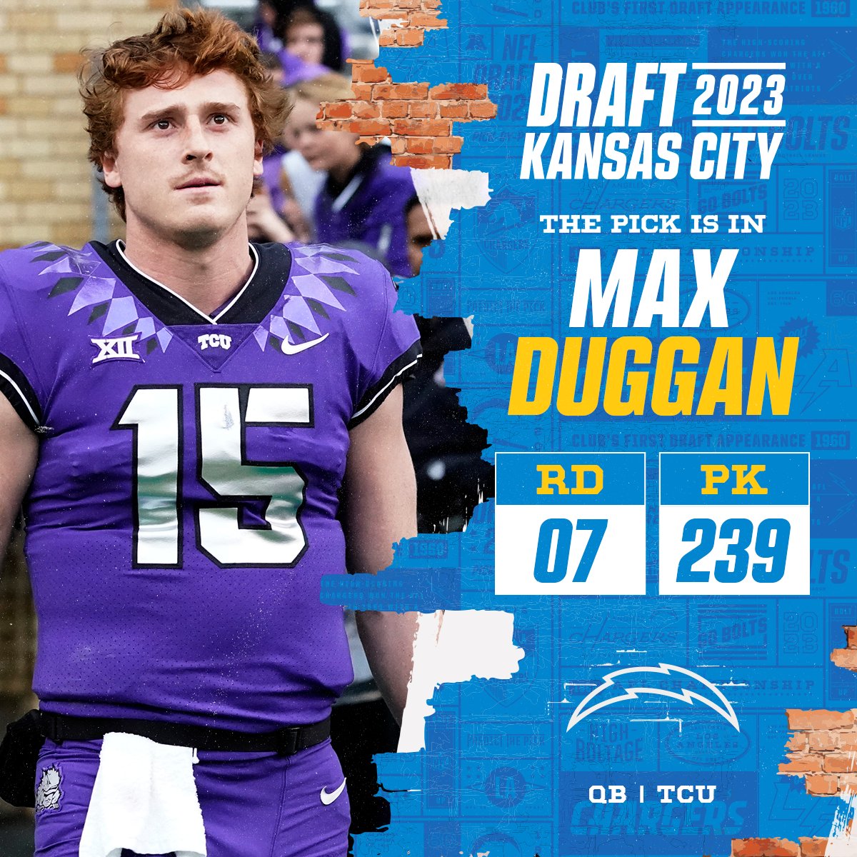 With the No. 239 overall pick in the 2023 <a href="/NFLDraft/">NFL Draft</a>, the <a href="/chargers/">Los Angeles Chargers</a> select Max Duggan!

📺: 2023 #NFLDraft on NFLN/ESPN/ABC
📱: Stream on NFL+ bit.ly/3Nk9PrV