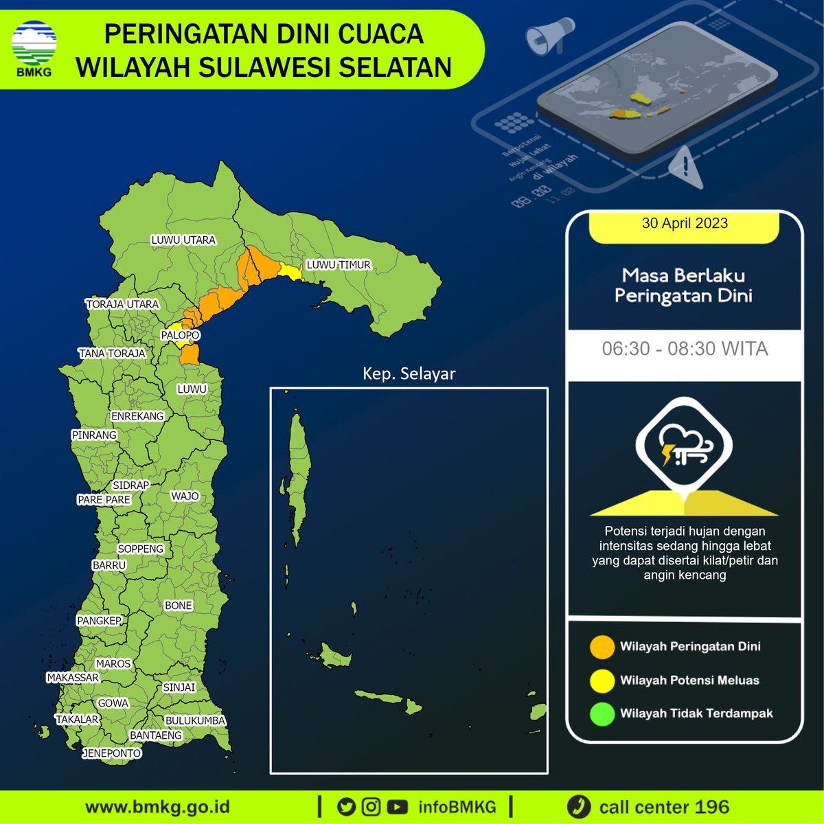 infoBMKG's tweet photo. Update Peringatan Dini Cuaca Wilayah - Sulawesi Selatan Tgl. 30 April 2023 pkl. 06:30 WITA
Prakirawan - BMKG - Sulawesi Selatan
https://t.co/tLZte24nry https://t.co/Ophheal5b1