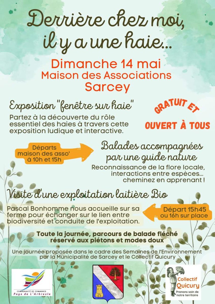 CQuicury's tweet photo. Dans le cadre des semaines de l'environnement organisées par la Communauté de communes du pays de l’Arbresle le collectif Quicury en partenariat avec la mairie de Sarcey vous invitent à découvrir toute la richesse d'une haie. Et l'urgence de les préserver. https://t.co/LYN37y7Hqc