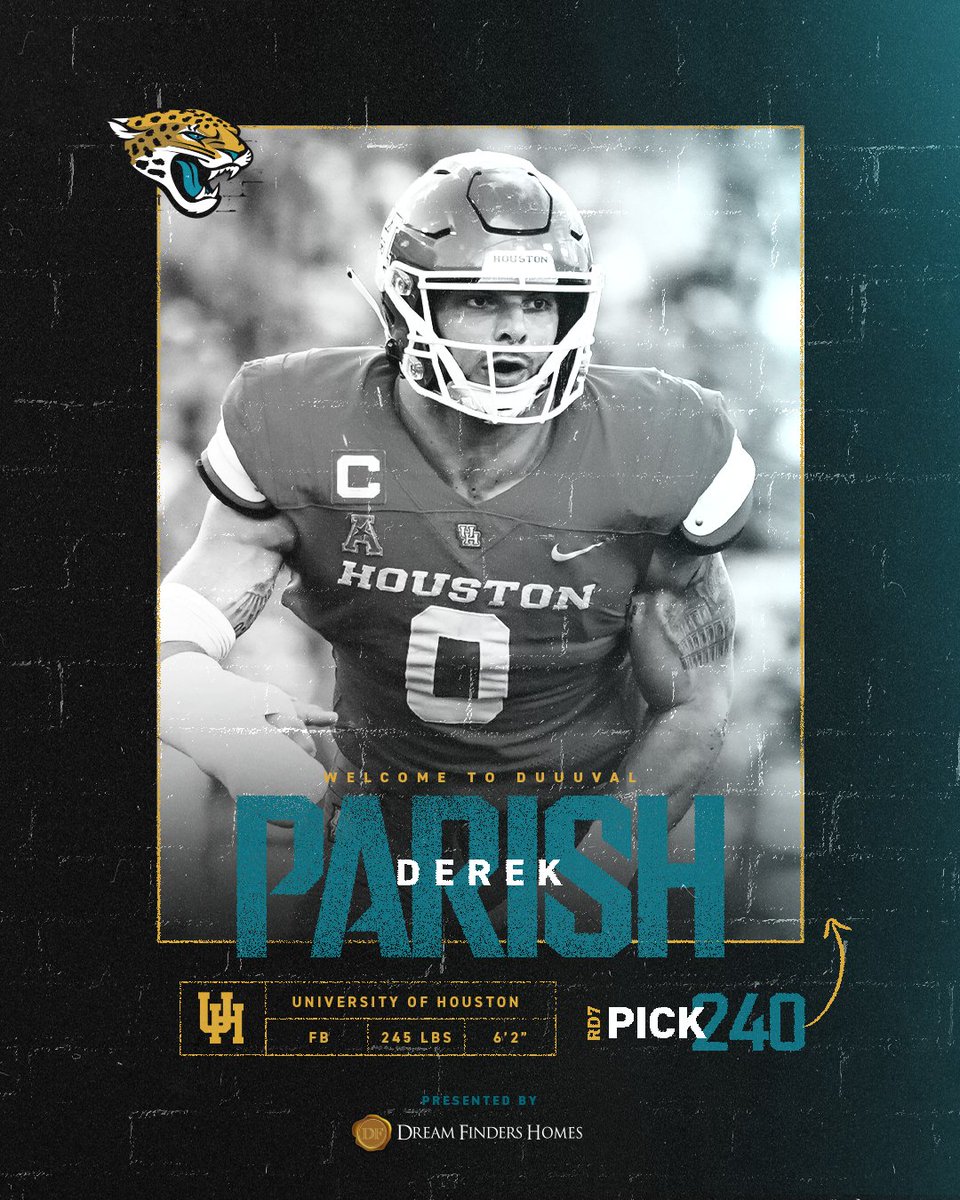 Jaguars's tweet photo. With the 240th pick in the 2023 #NFLDraft, we select University of Houston FB Derek Parish!

@ParishDerek | @Dream_Finders https://t.co/j5iWLibcgU