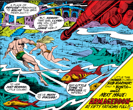 MarvelADay's tweet photo. #MarvelADay #SM50 Byrrah flees while Namor & Namorita make their escape. But wait, who is that behind them? Tune in tomorrow to find out! - crs https://t.co/zqZgU0qh7d