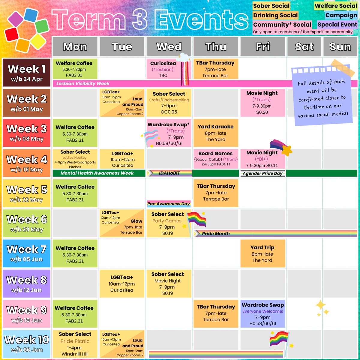 warwickpride's tweet photo. 🗓️ 3️⃣ TERM 3 EVENTS OVERVIEW! 3️⃣ 🗓️

Welcome back to Term 3! This term as usual we have a variety of sober and drinking socials, welfare socials, community and special events, as well as dedicated study spaces each week during the exam season. https://t.co/gpl7TkXtUV